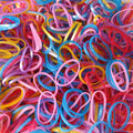 Close-up of a pack of durable multicolor rubber bands for securing various items.