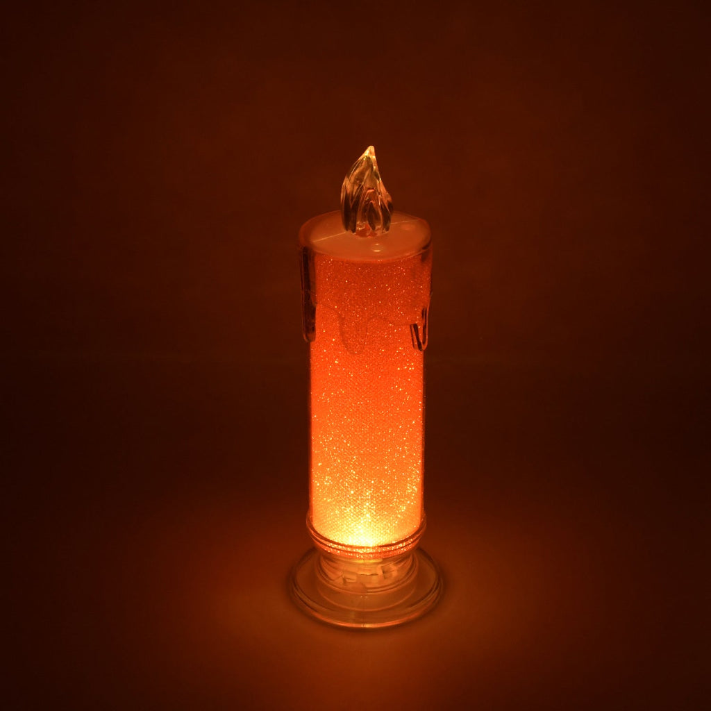 Red LED flameless pillar candle, battery-operated for realistic flickering light.