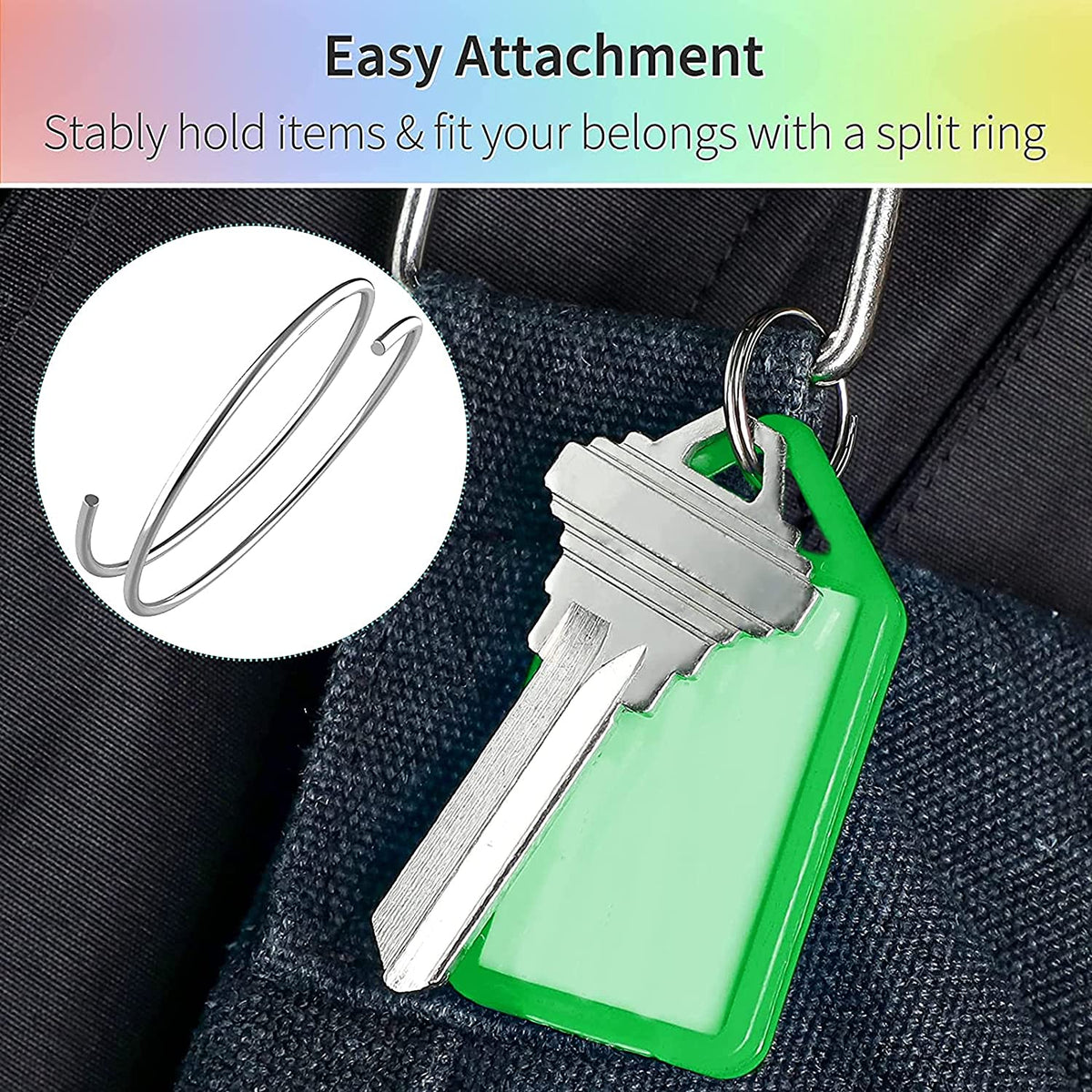 Overhead view of multiple translucent plastic key tags in different colors.