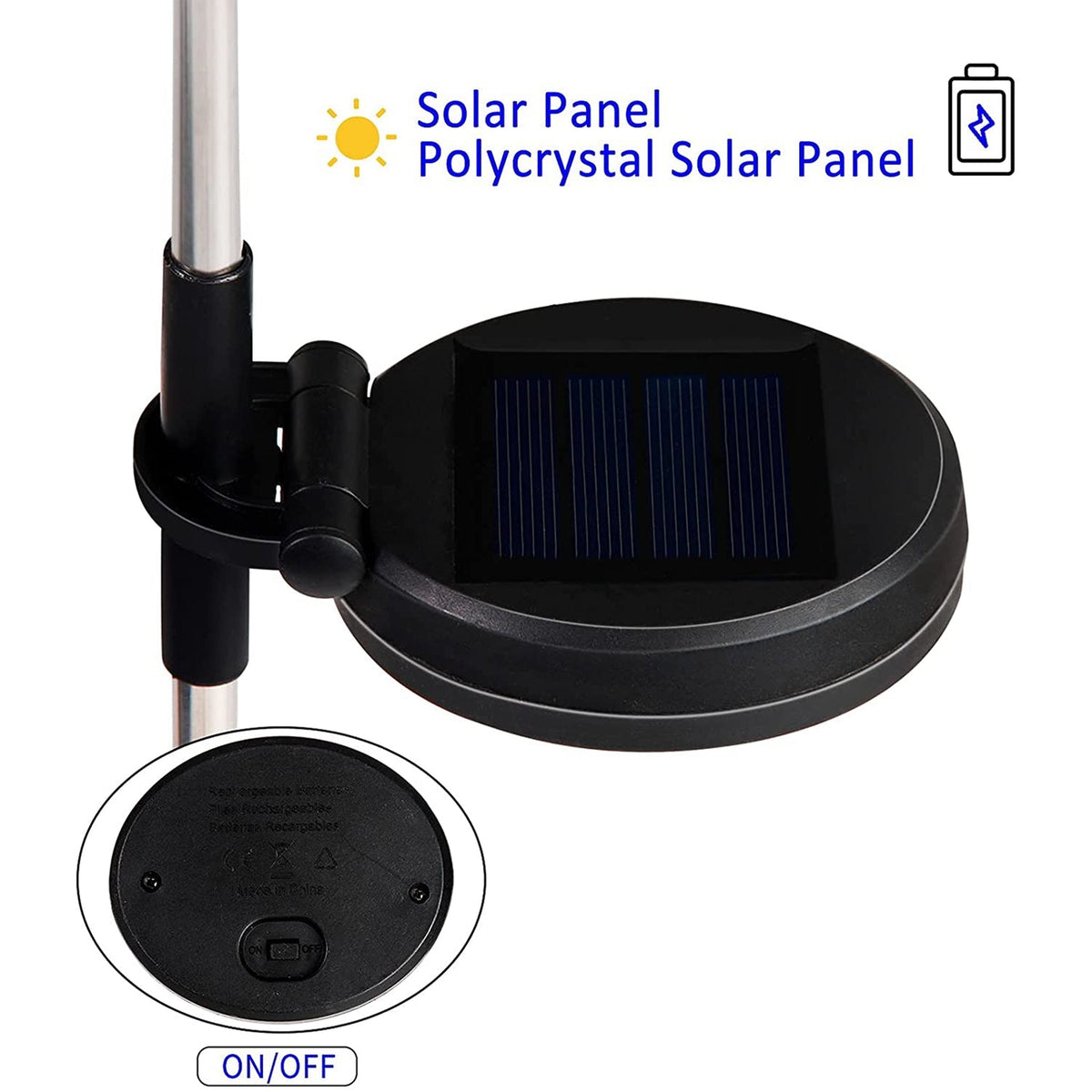 Solar garden light installed outdoors showing changing colorful lights